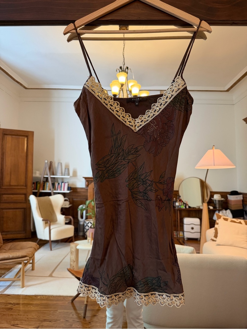 Katia G. Embroidered Brown Top with Gold Accents, 100% silk - Size M